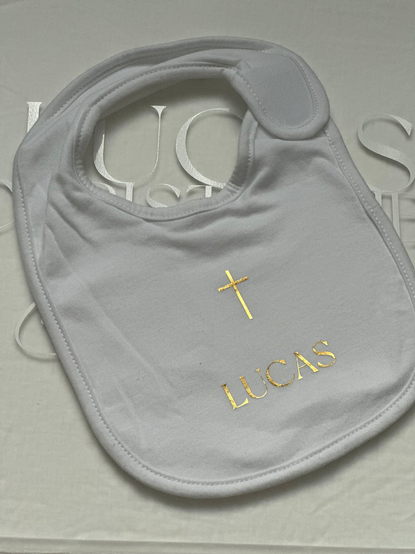 Soft 100% cotton personalised bib for Baptism, Christening, or newborn gift