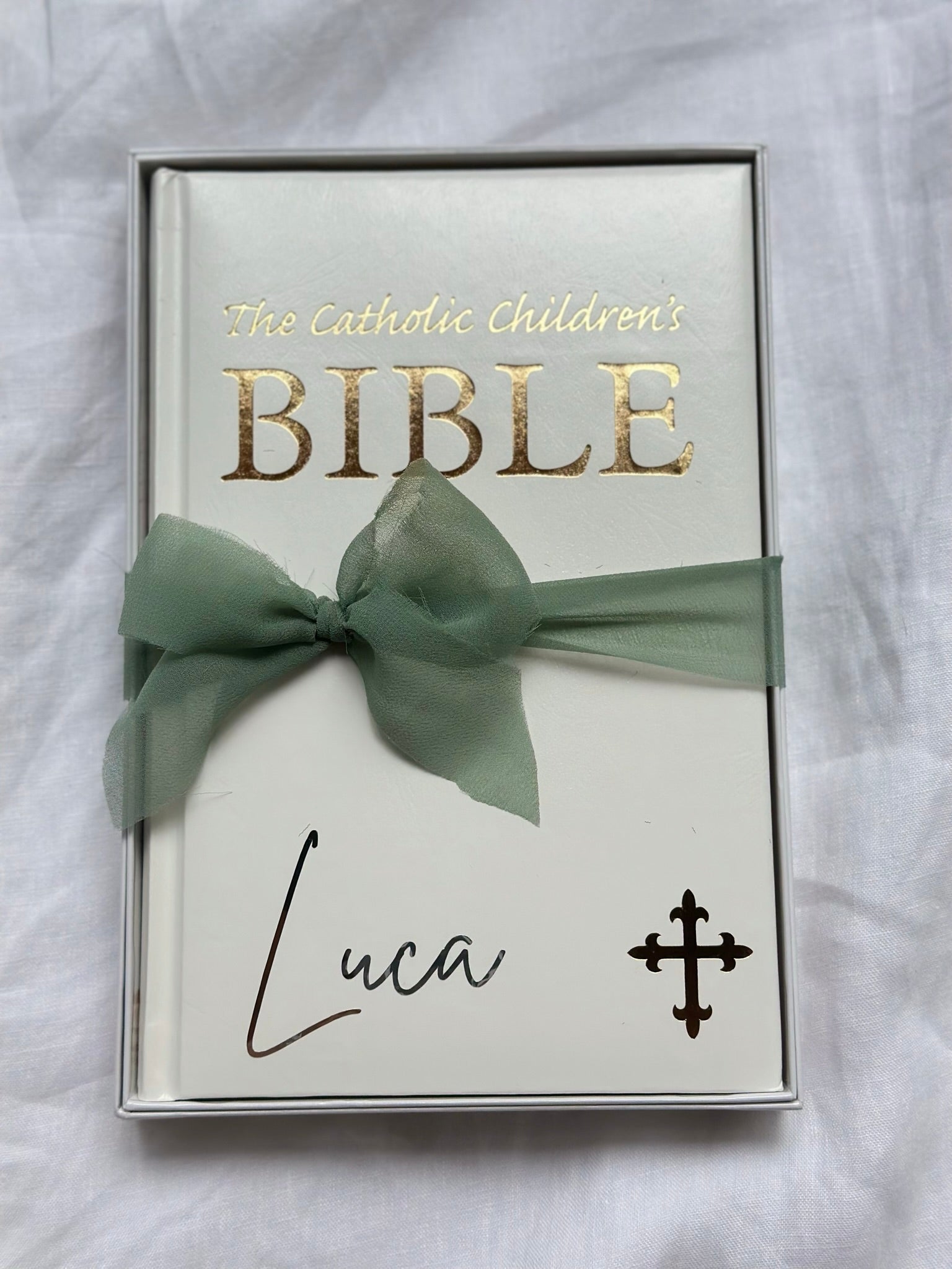 Custom Catholic Bible personalised with child’s name, keepsake for Communion or Confirmation