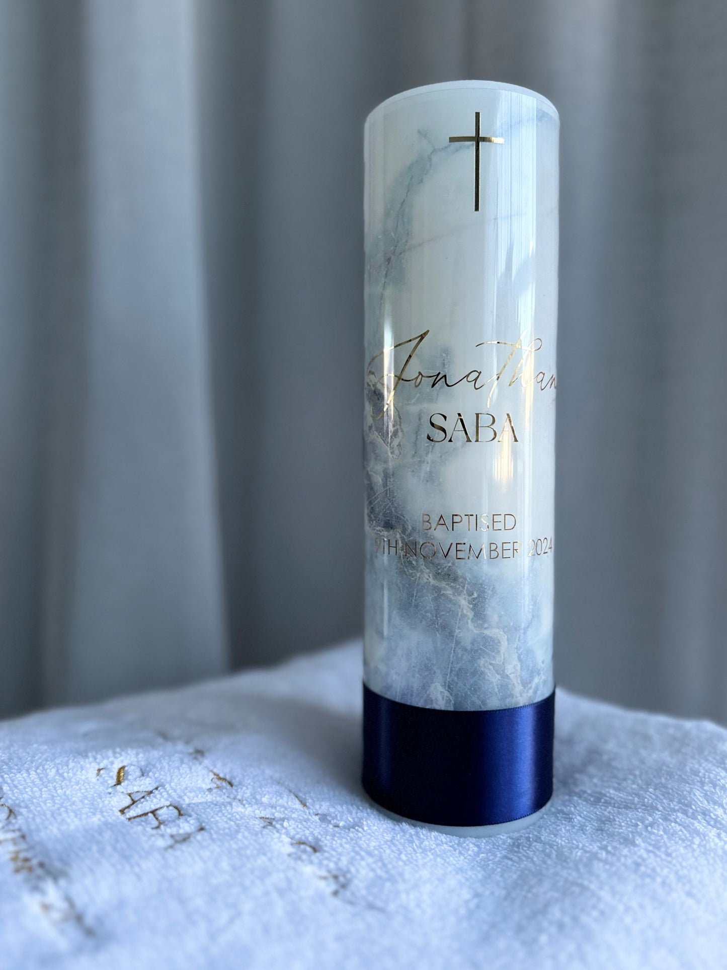 elegant marble christening candle design