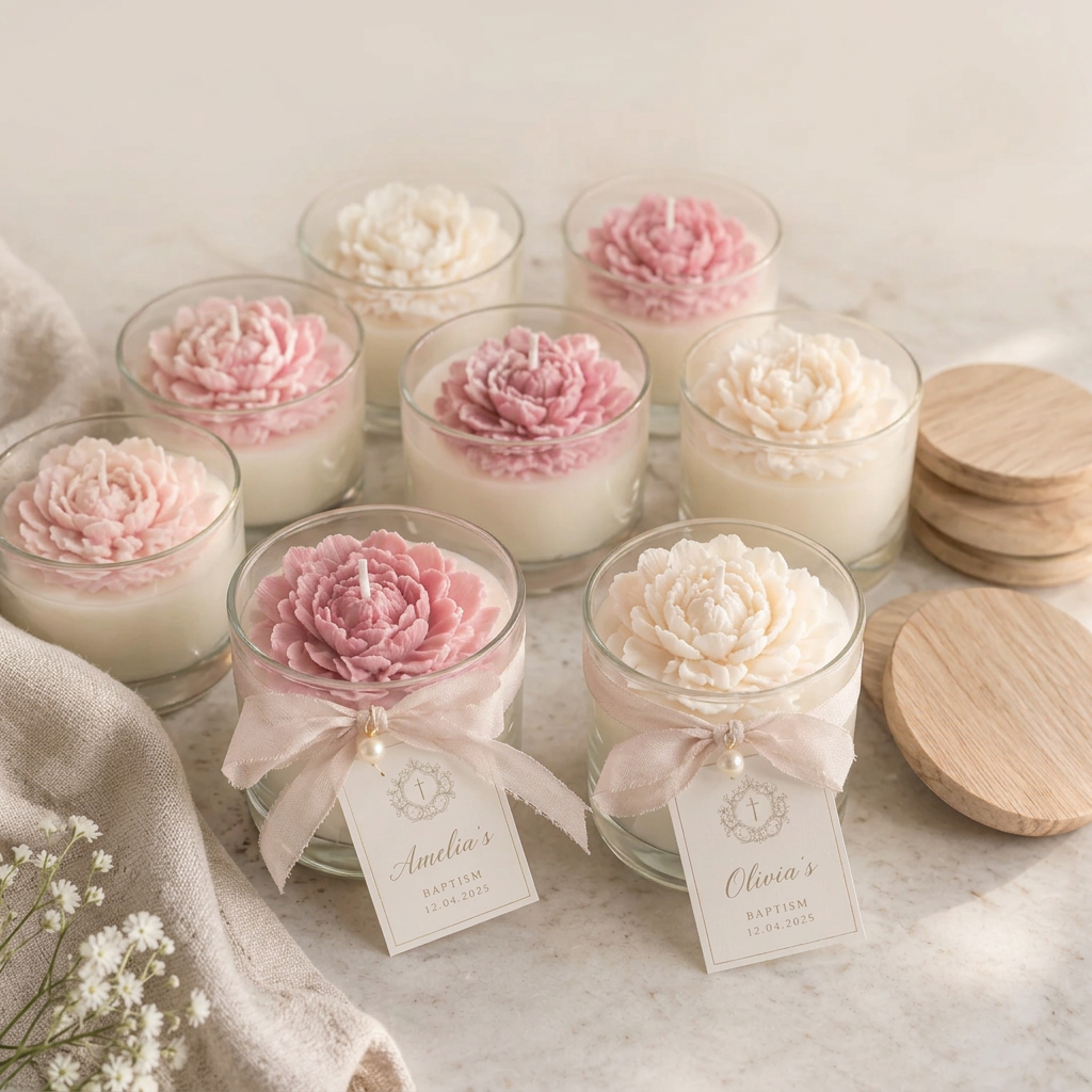 Several glass jar candles with white wax and large pink and cream flower-shaped tops are arranged on a marble surface with floral decor, wooden coasters, and branded tags. The brand name Elm Designs appears at the top right.