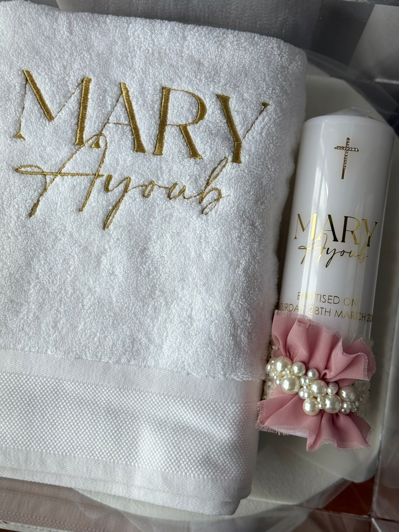 Embroidered christening towel personalised for baptism ceremony