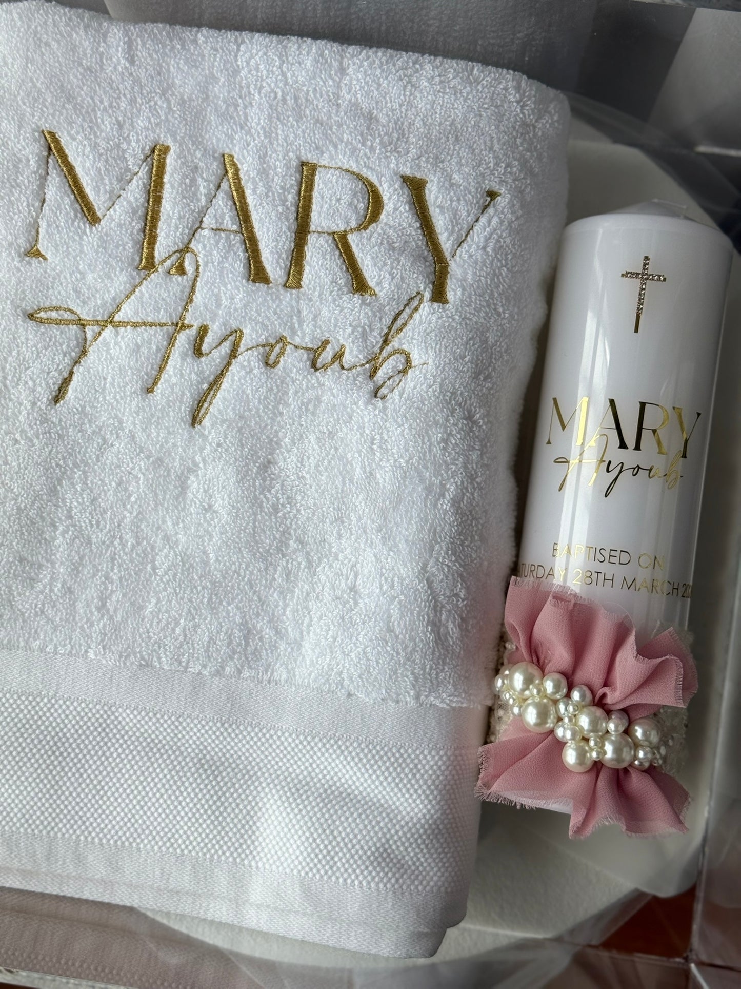 baptism candle chiffon pearl detail close up