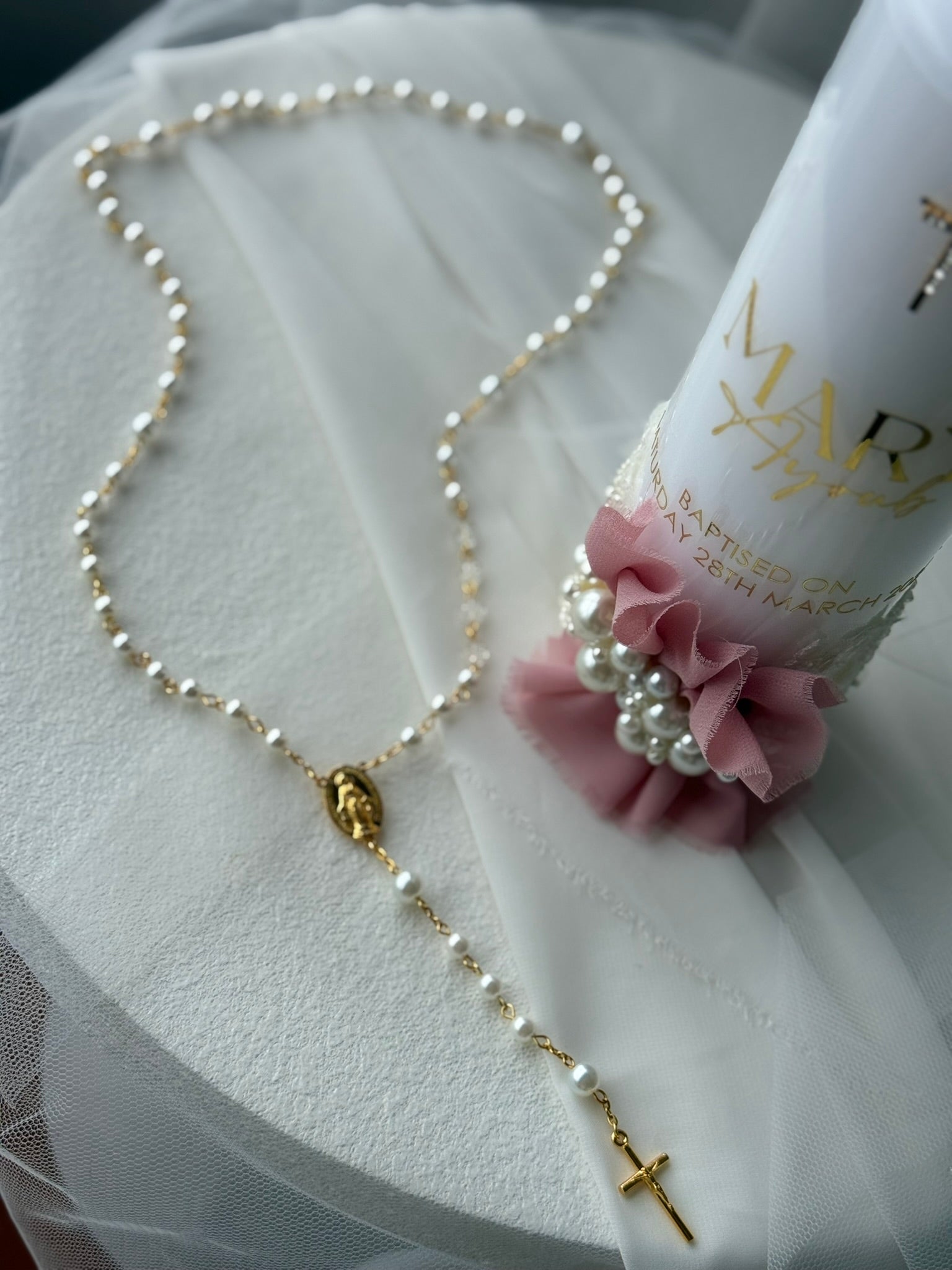 christening gift set pearl candle rosary bible
