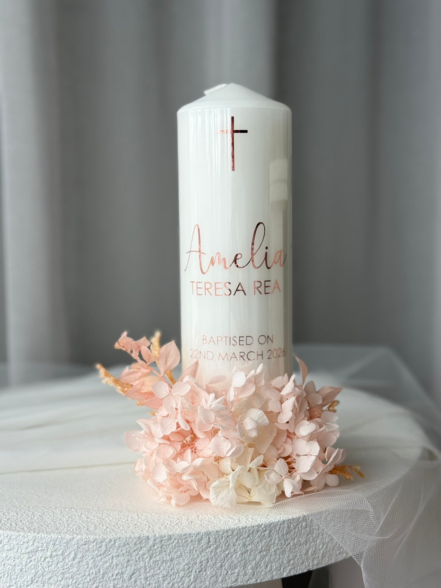 Preserved floral baptism candle personalised elegant christening keepsak