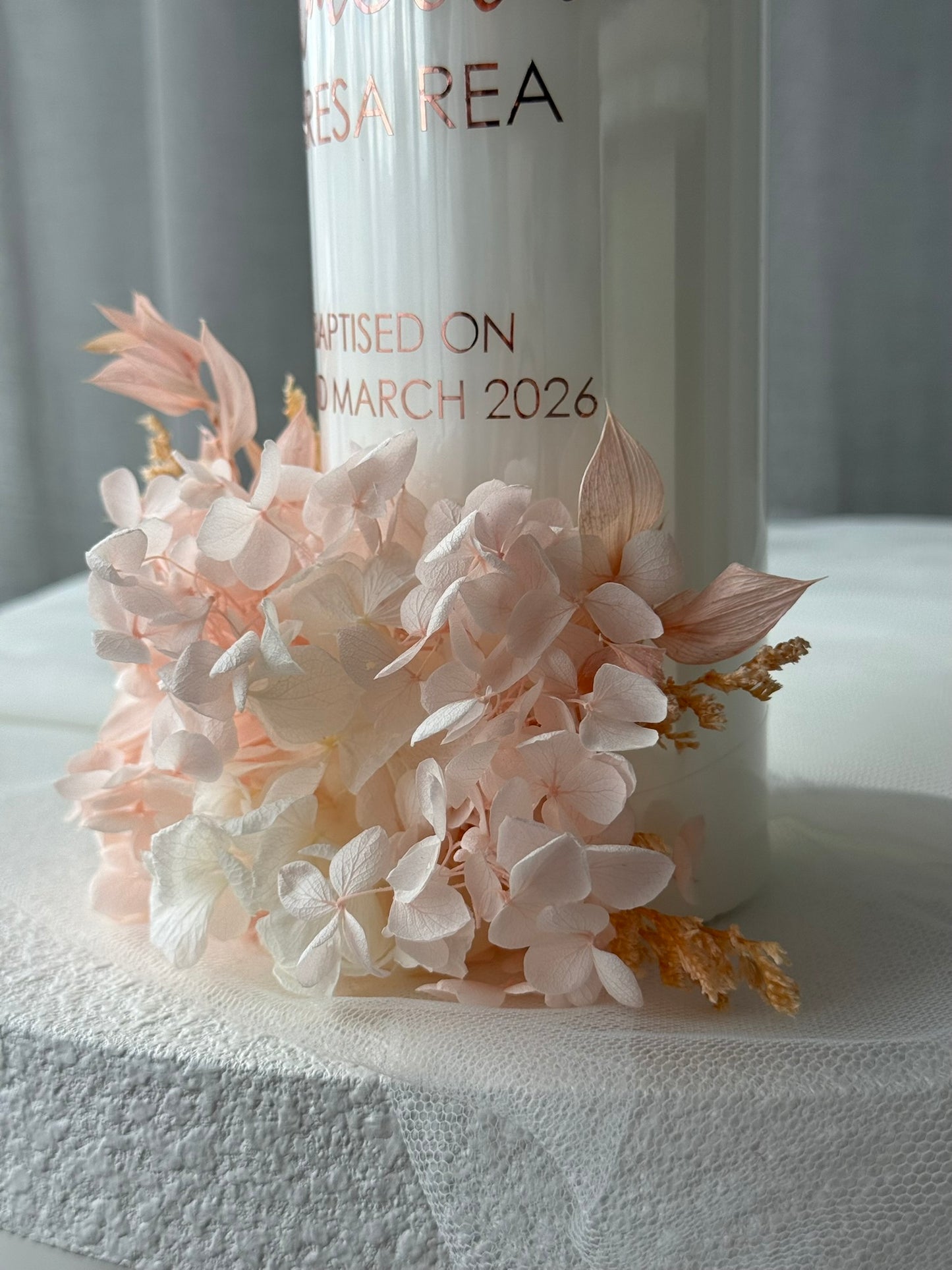 Luxury baptism candle with preserved flowers and personalised name