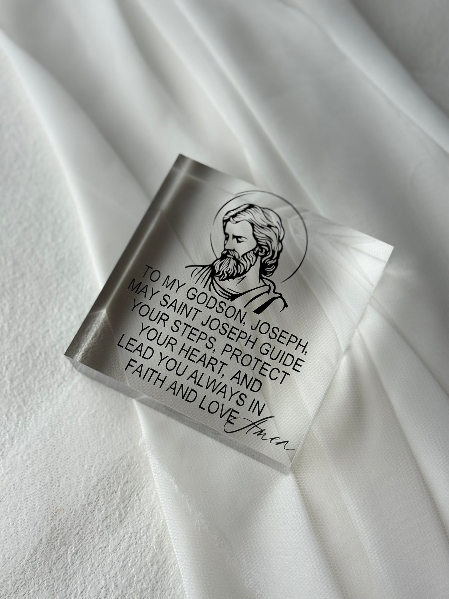 Personalised acrylic saint prayer block with Catholic prayer and custom name, elegant christening keepsake Australia