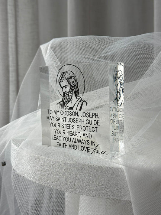 Close up of acrylic saint prayer block showing personalised name and engraved Catholic prayer text
