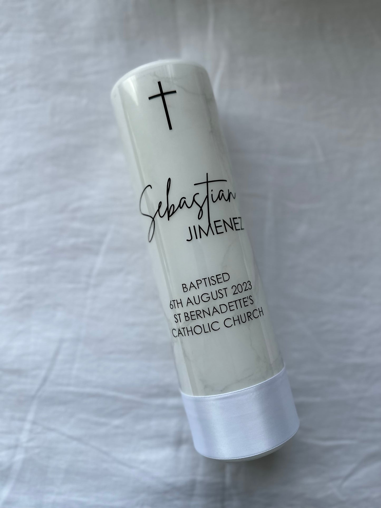 elegant marble christening candle design