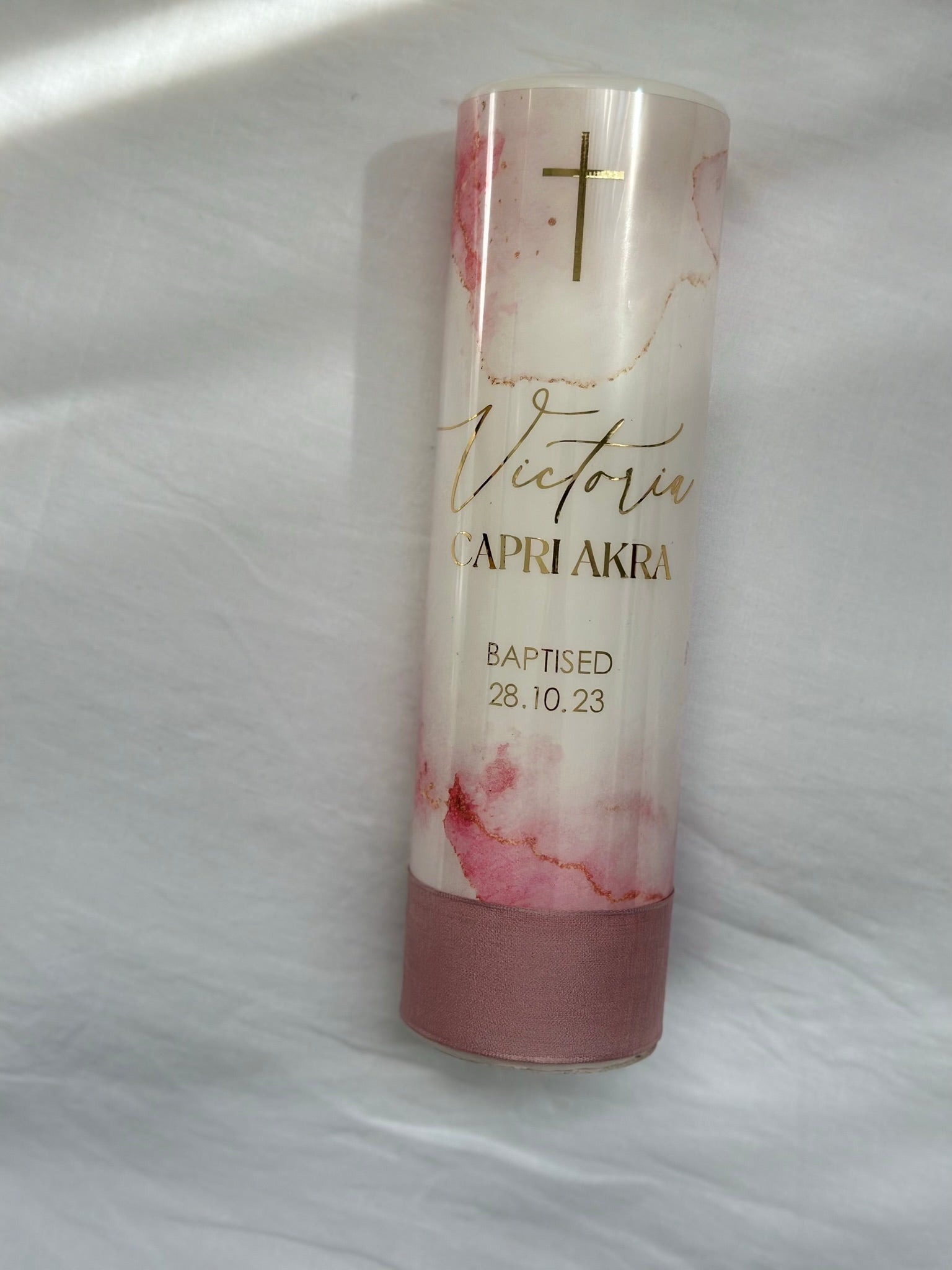 pink watercolour personalised baptism candle