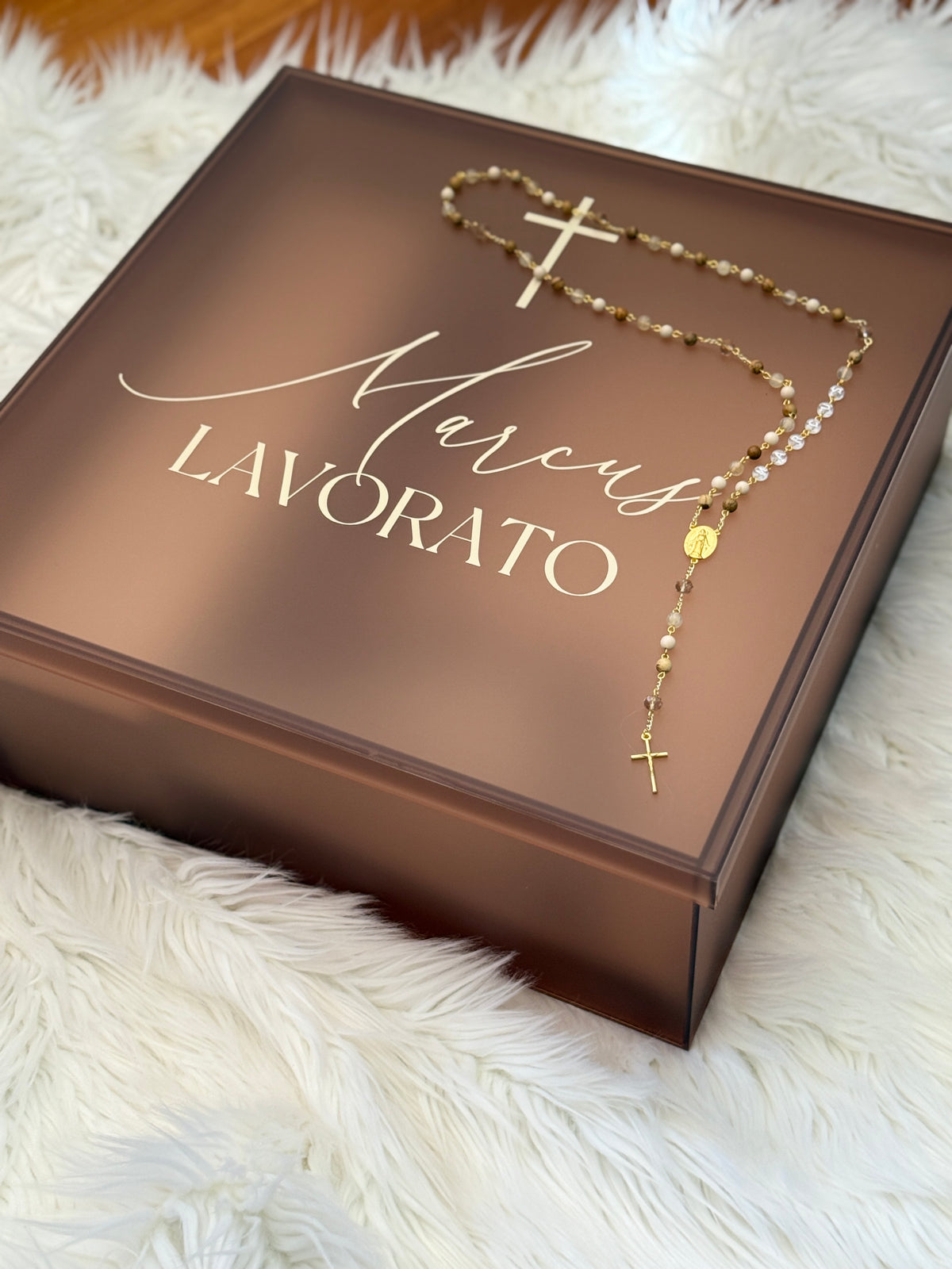 Frosted Brown Acrylic Baptism Keepsake Box | Luxury Christening Memory Box