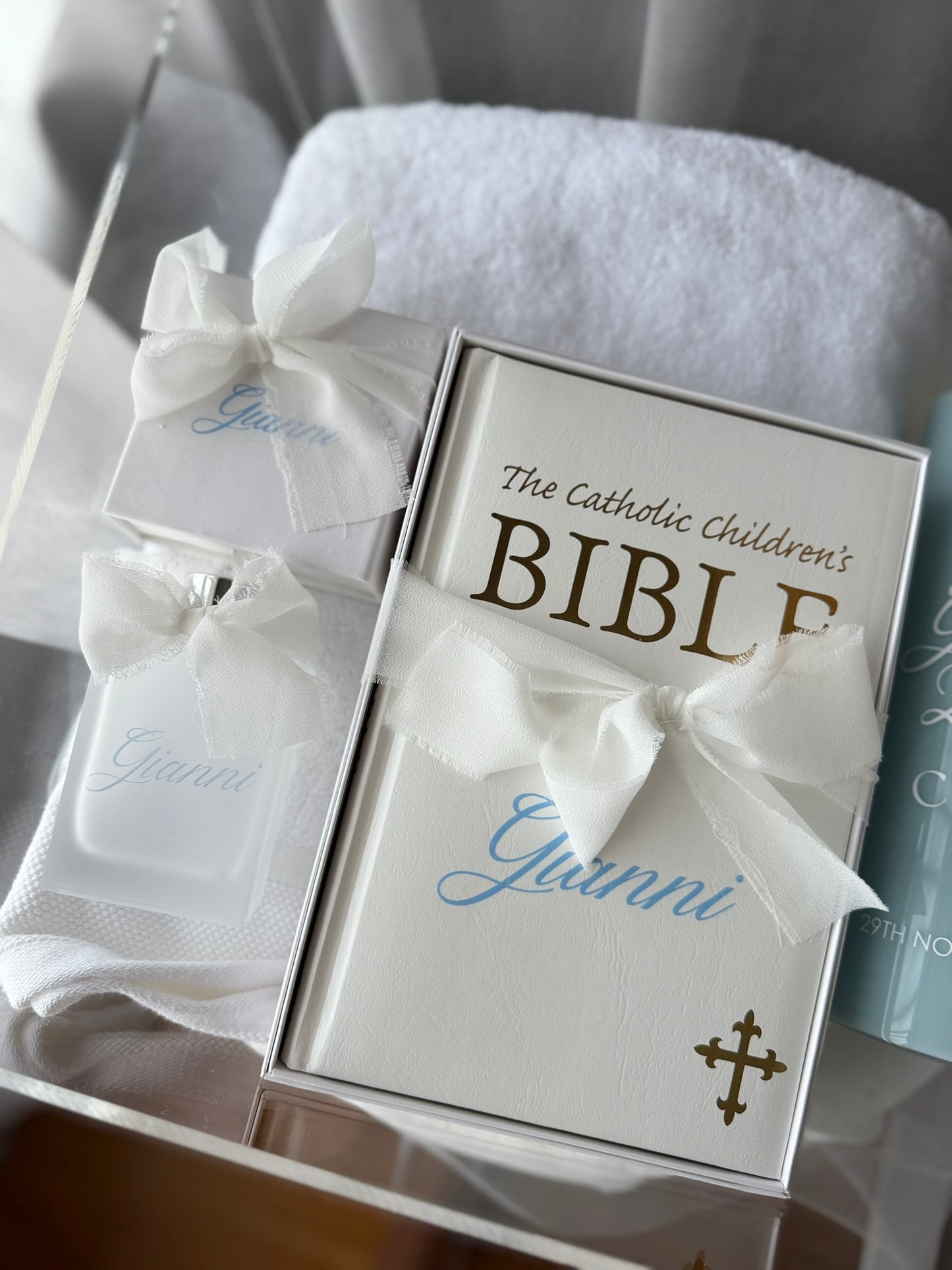 Luxury baptism gift box with personalised candle and keepsakes