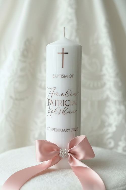 Personalised baptism candle with ribbon and pearl detailing by Elm Designs