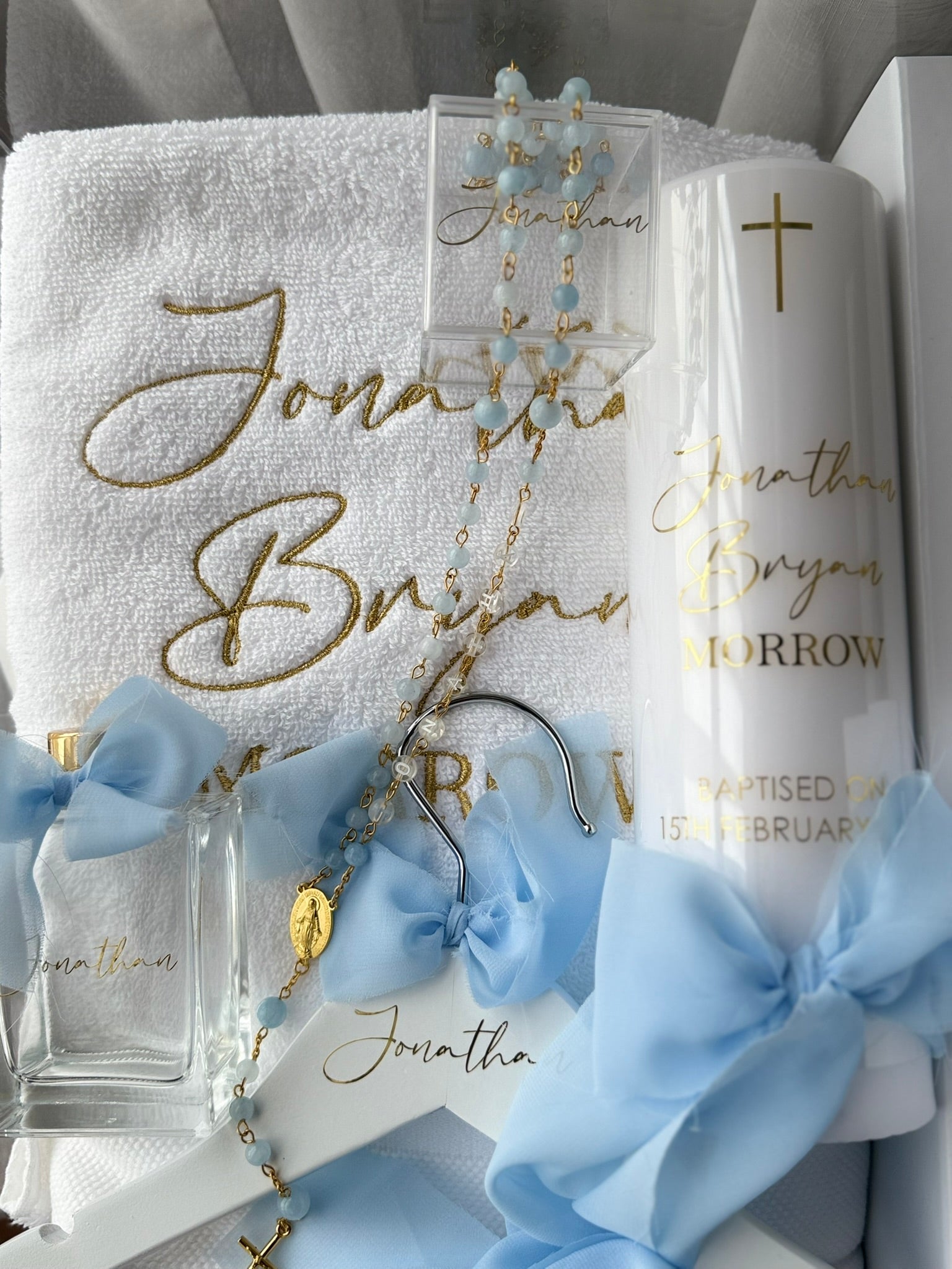 Elegant baptism keepsake set with acrylic box and coordinated gifts
