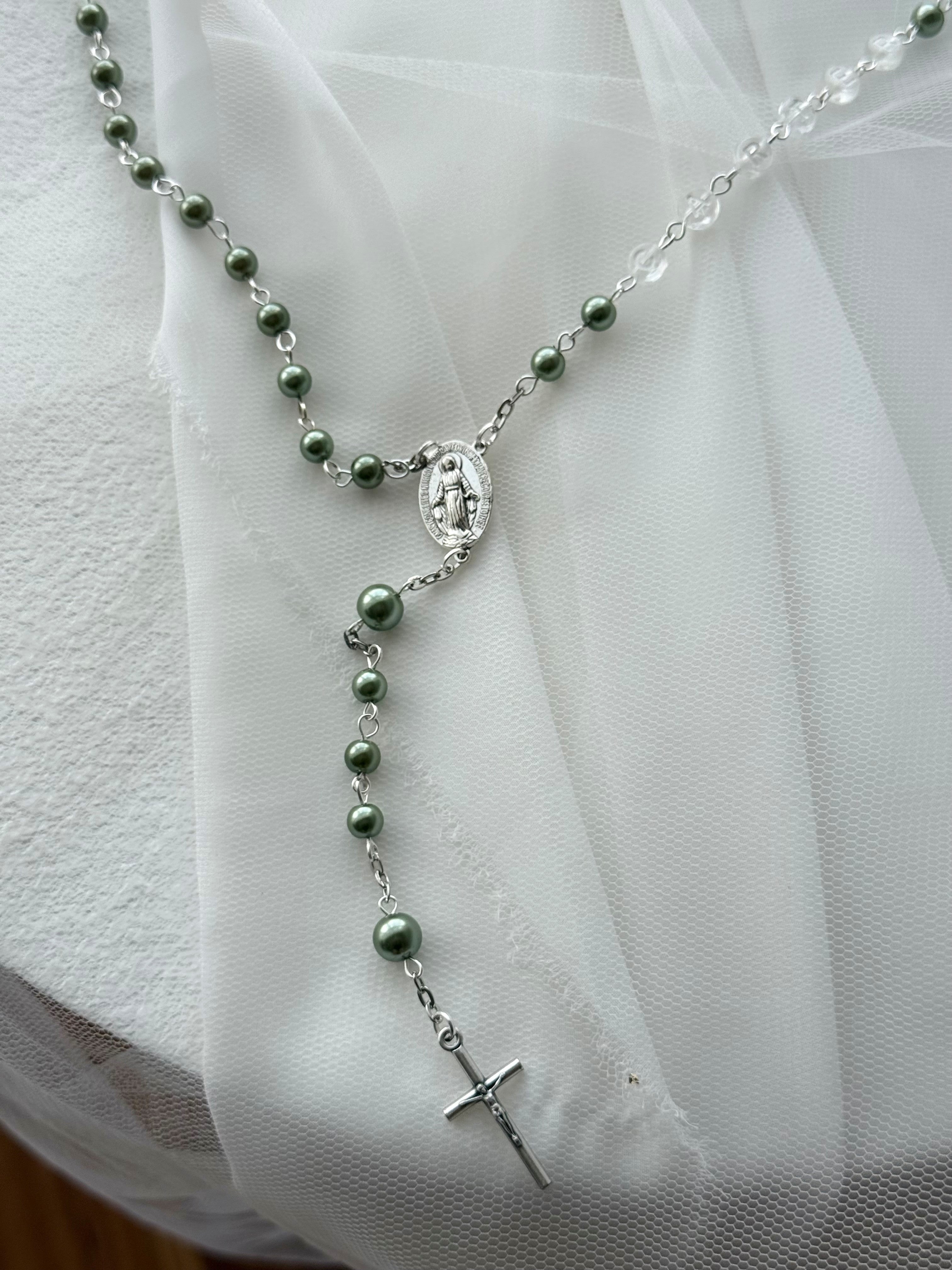 Detailed crucifix on personalised sage green rosary beads, handcrafted Australian gift for baptism