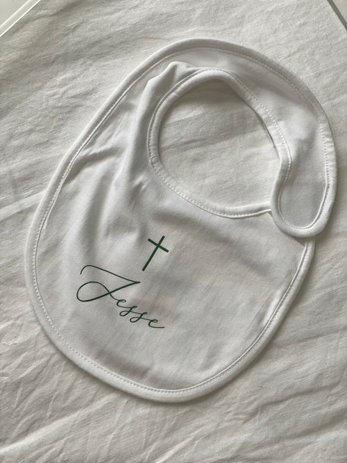 Personalised cotton baby bib with baby’s name, handcrafted in Australia