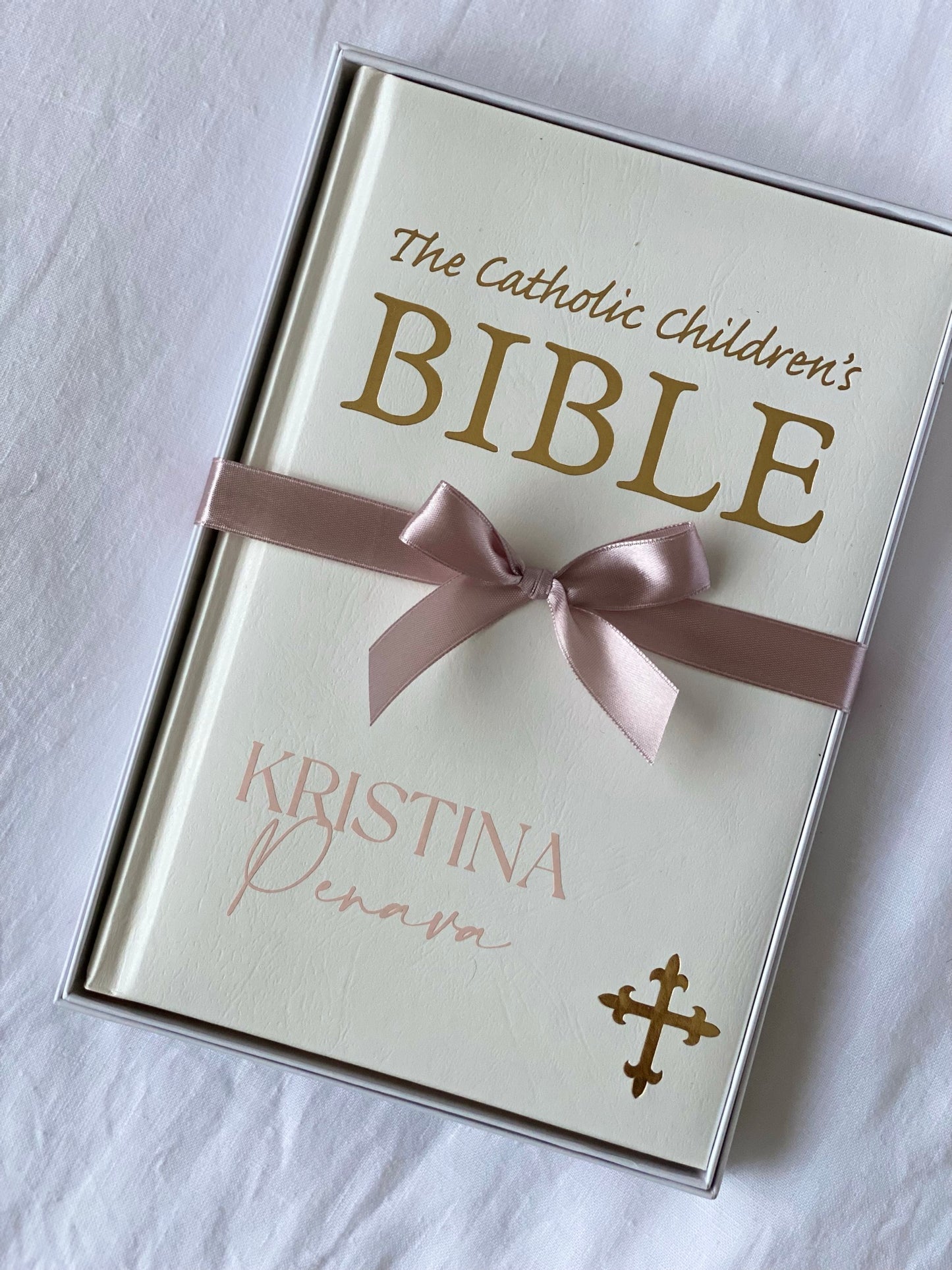 Elegant personalised Catholic Bible gift for baby or child, handcrafted keepsake