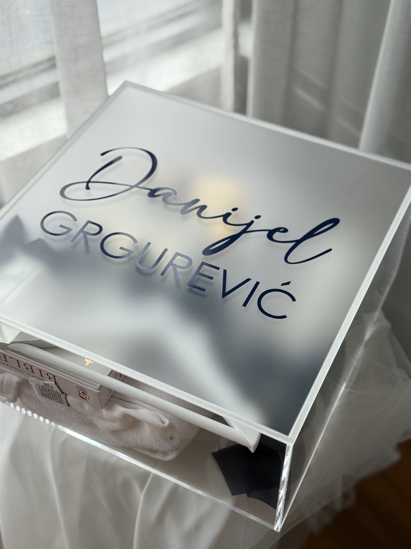 Acrylic baptism box set with candle, rosary beads and embroidered towel