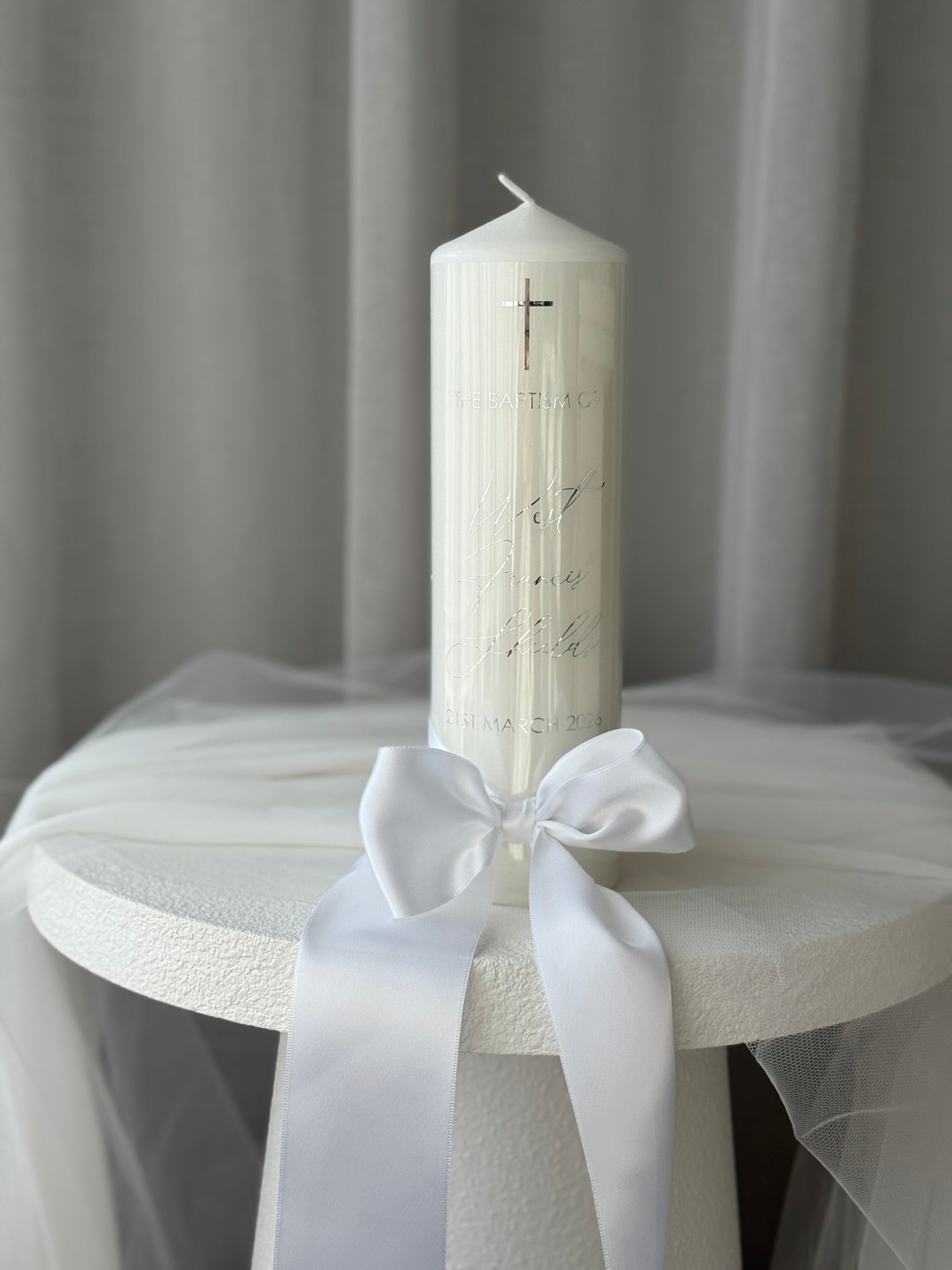 personalised satin bow baptism candle Australia