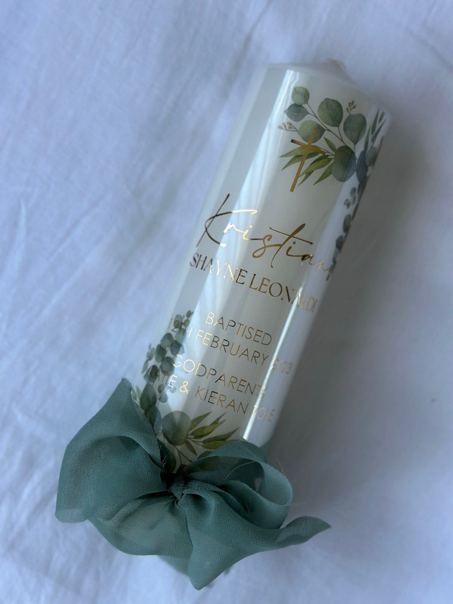 green foliage baptism candle keepsake