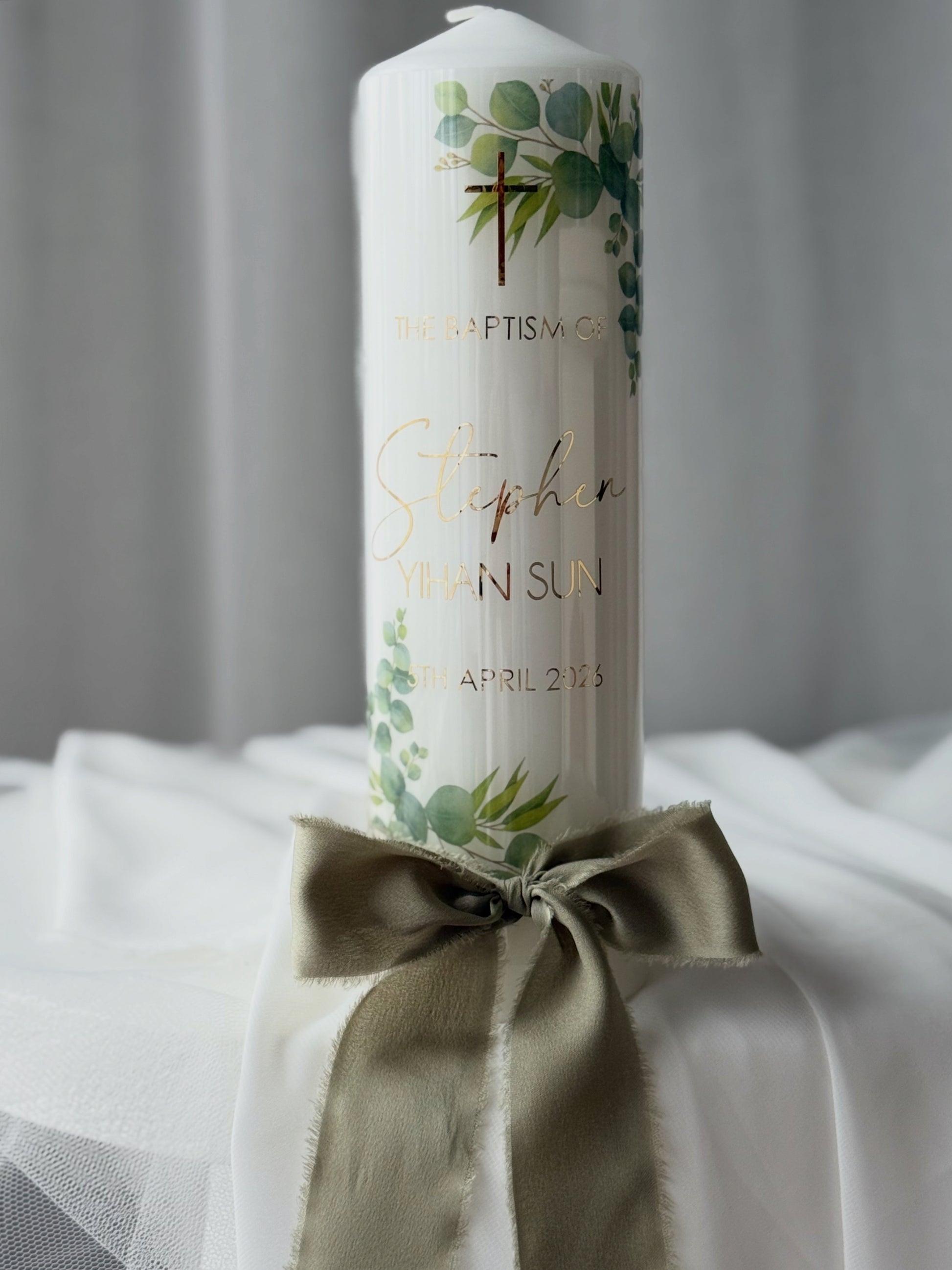 green leaf personalised baptism candle Australia