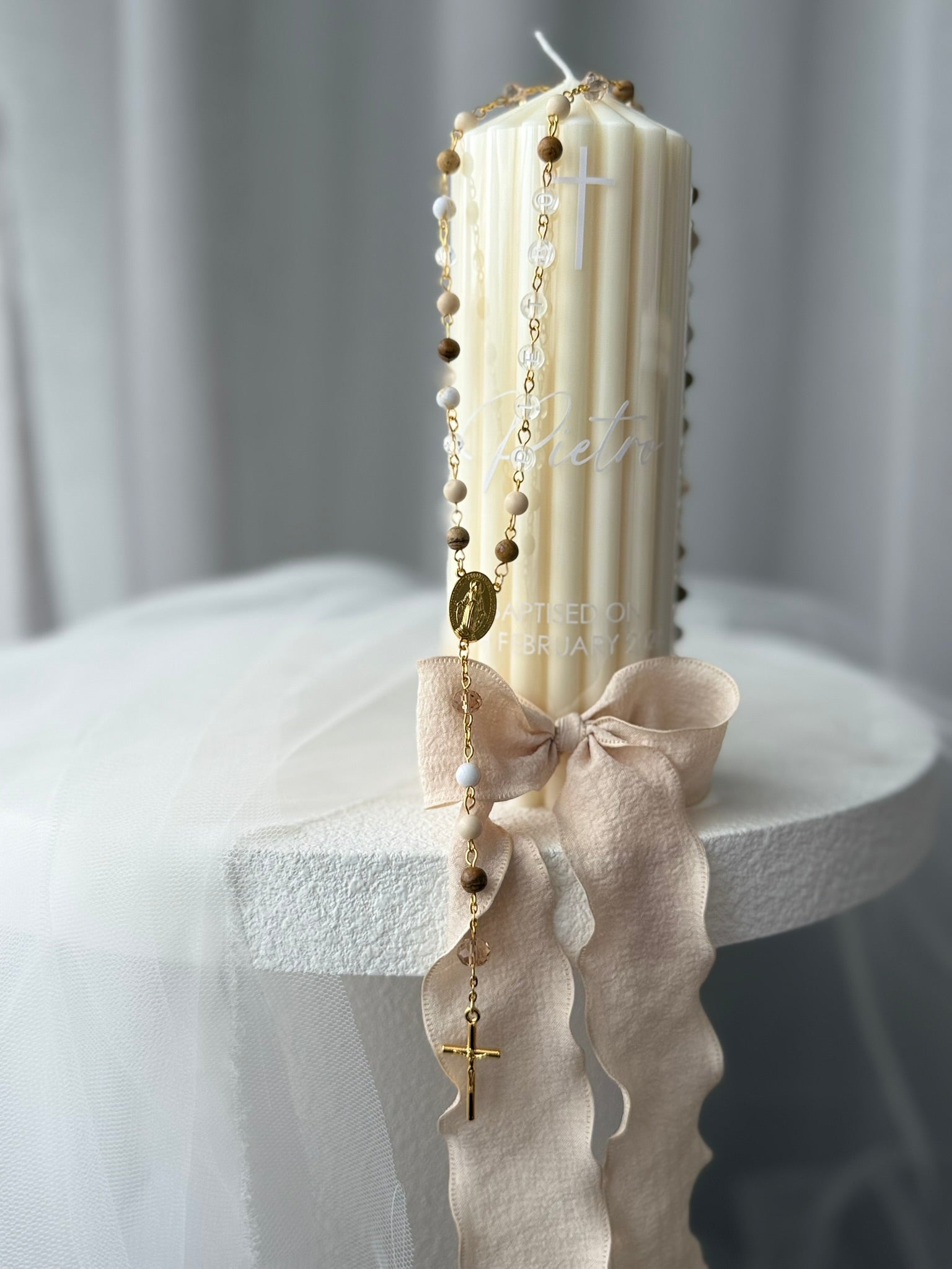 personalised ribbed baptism candle Australia
