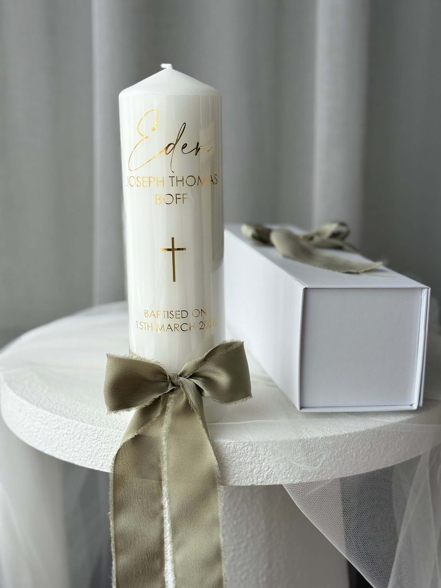 personalised satin bow baptism candle Australia