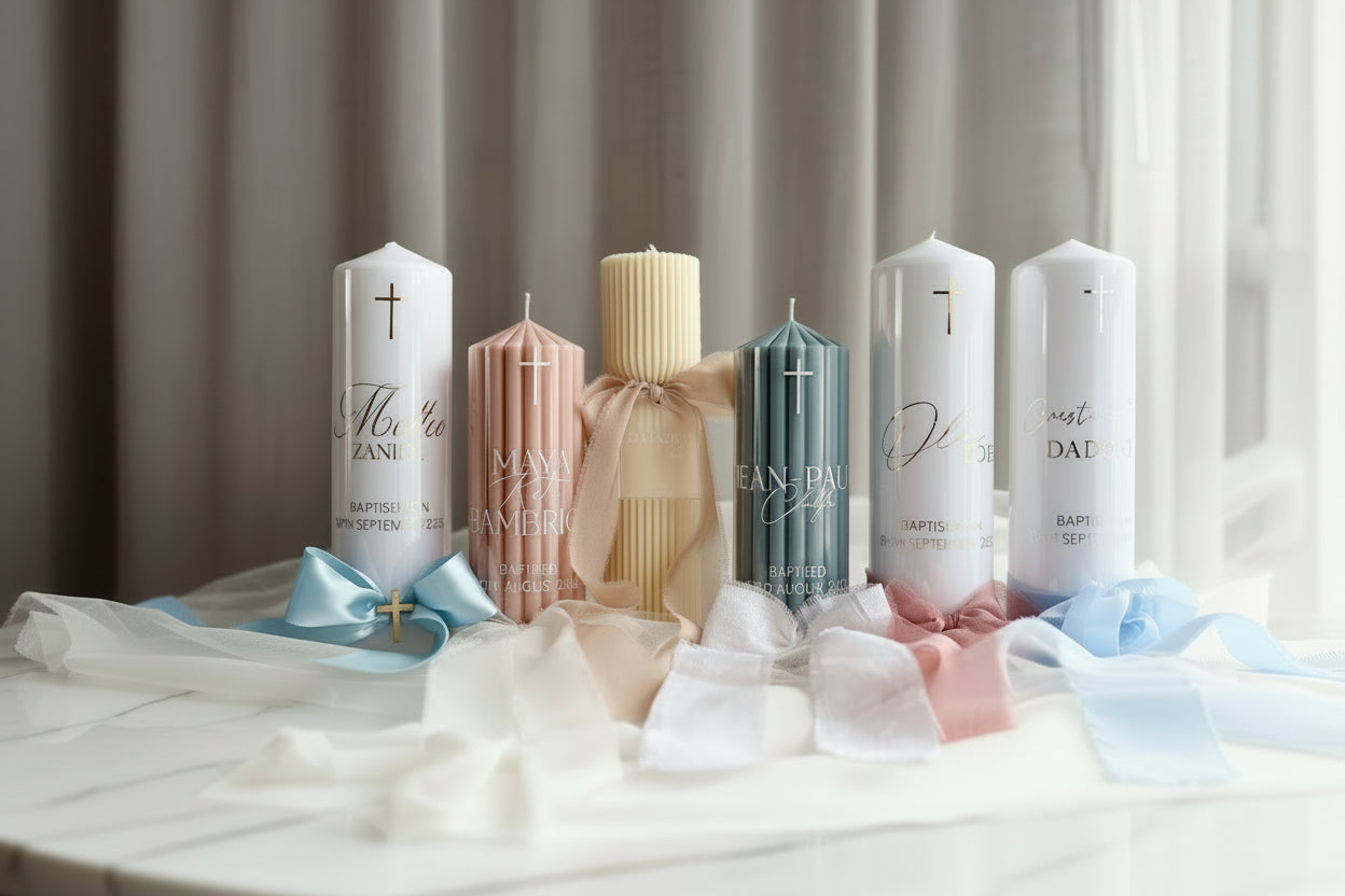 Collection of personalised candles with ribbons on a neutral background