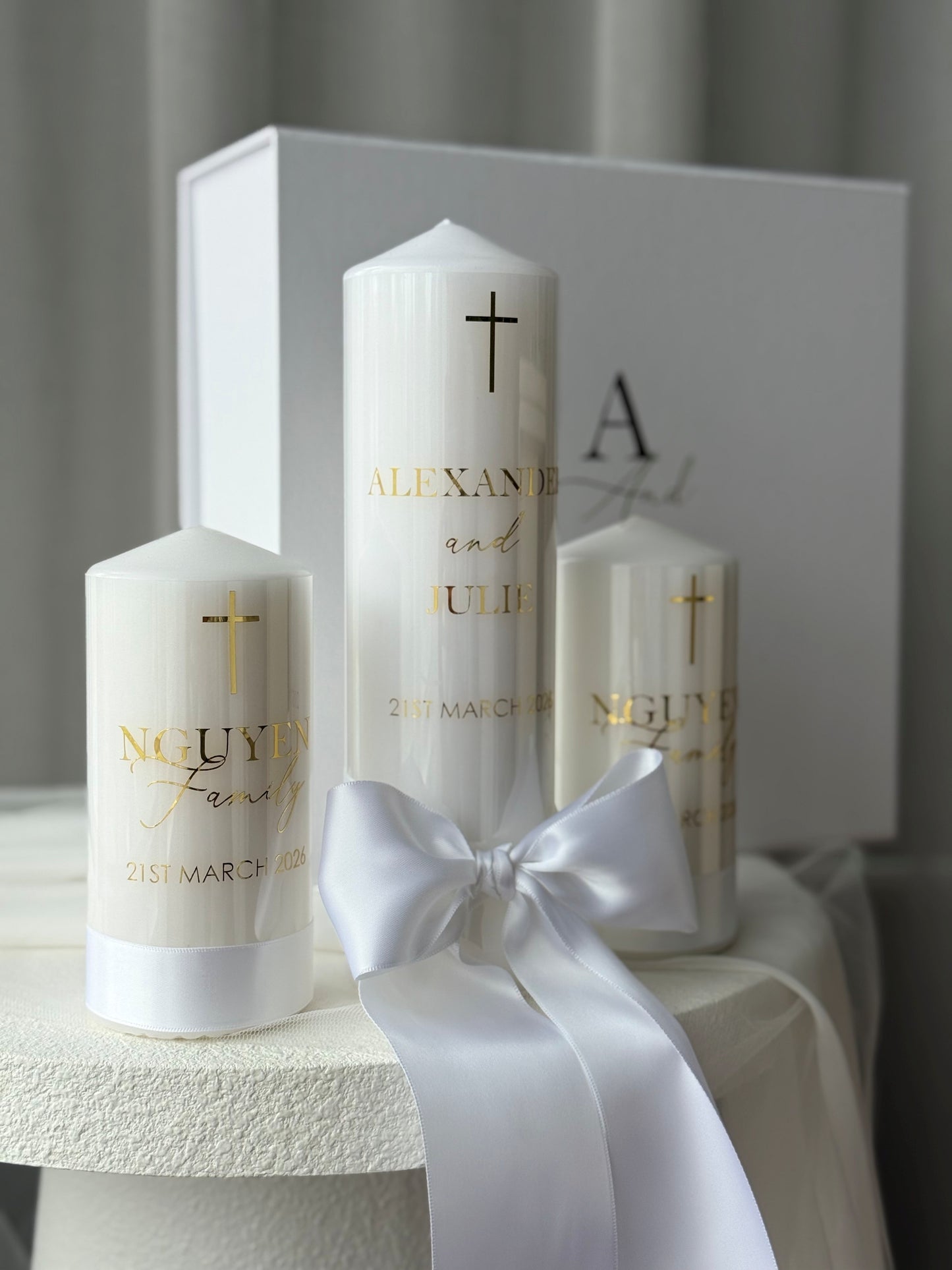 Matching personalised family candles with white satin finish, part of Australian handcrafted wedding unity candle set