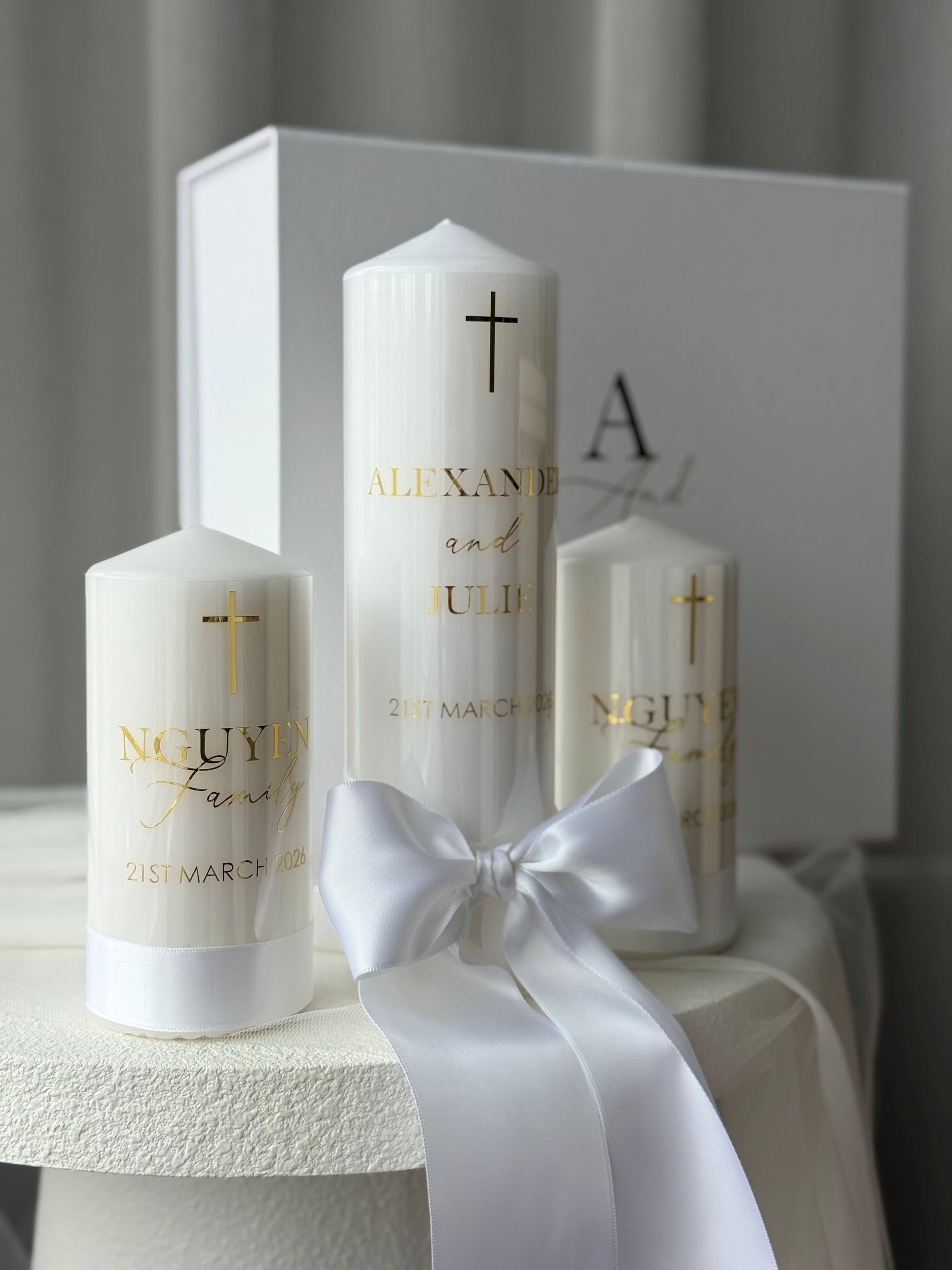 Matching personalised family candles with white satin finish, part of Australian handcrafted wedding unity candle set
