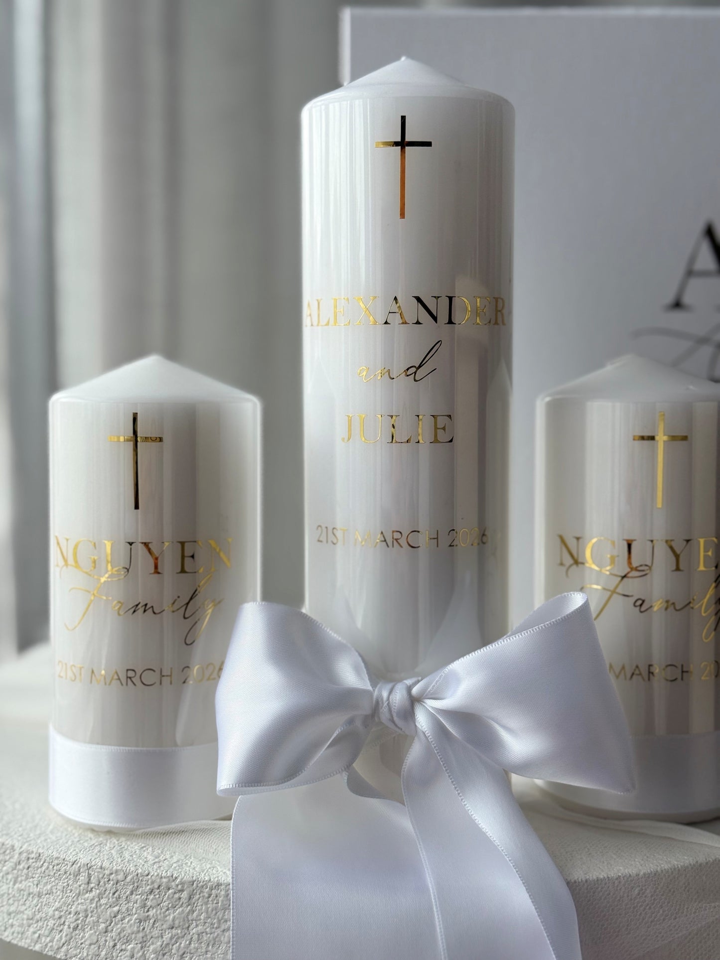 Personalised bridal unity candle with white satin ribbon, elegant wedding keepsake handcrafted in Australia