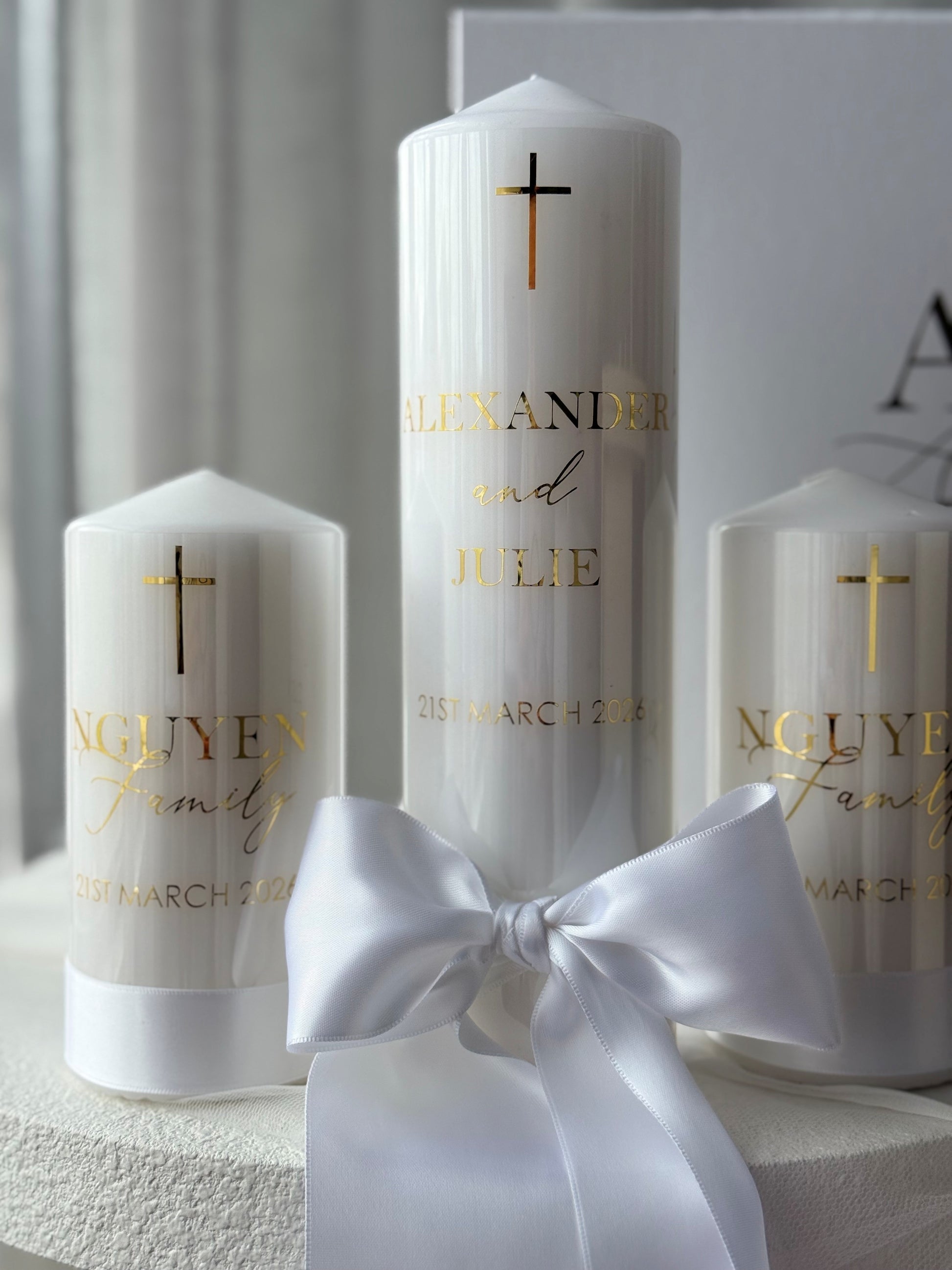 Personalised bridal unity candle with white satin ribbon, elegant wedding keepsake handcrafted in Australia