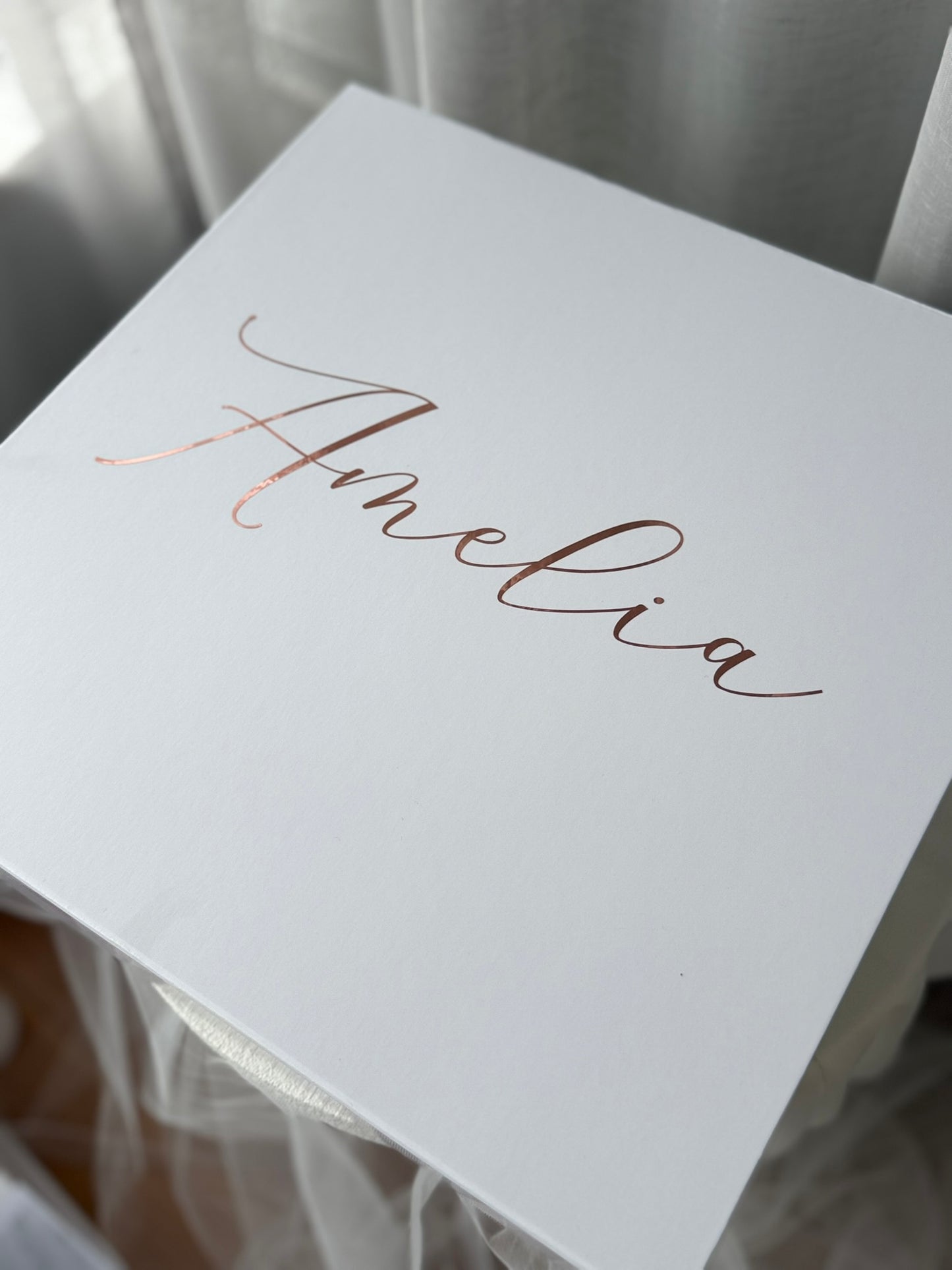 Elegant white christening memory box with name engraving
